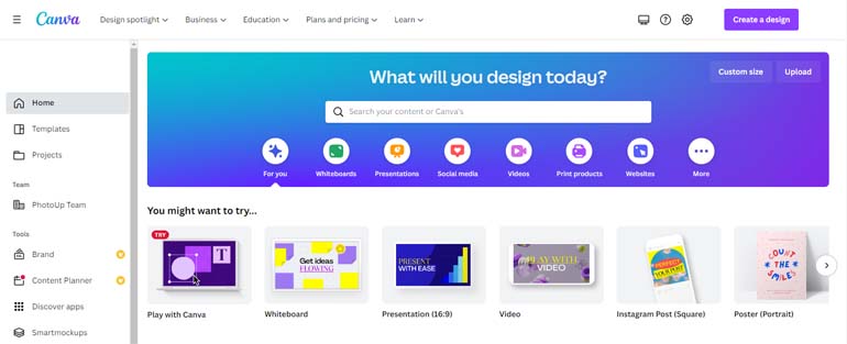 Canva's homepage