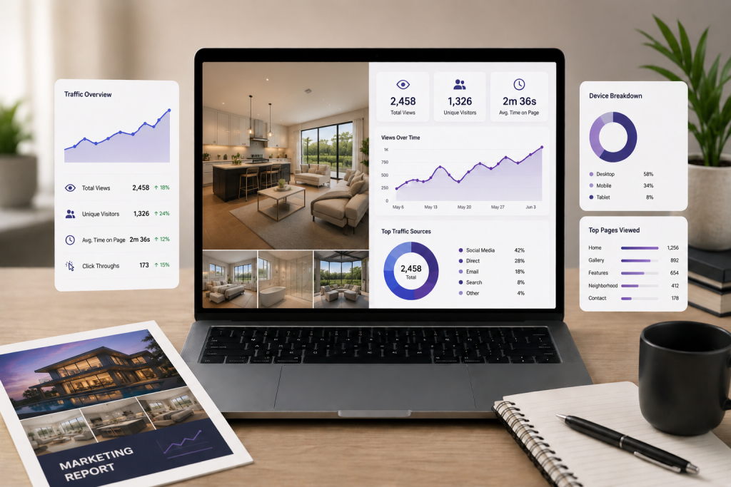 Property website analytics dashboard showing traffic, engagement, and visitor insights.
