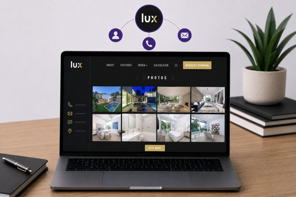 Branded property page with contact details and social media links.