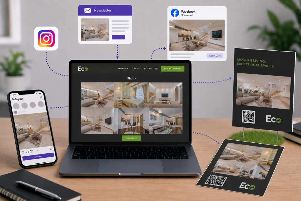 Property marketing distributed across social media, email, and print channels.