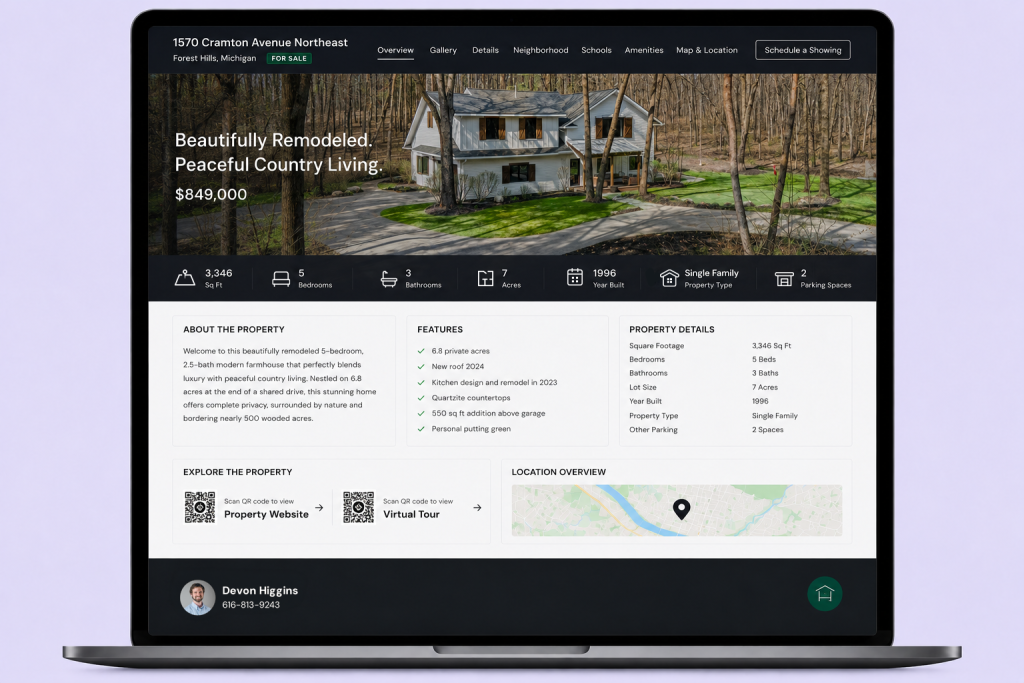 Luxury property website showcasing photos, amenities, schools, and neighborhood information.