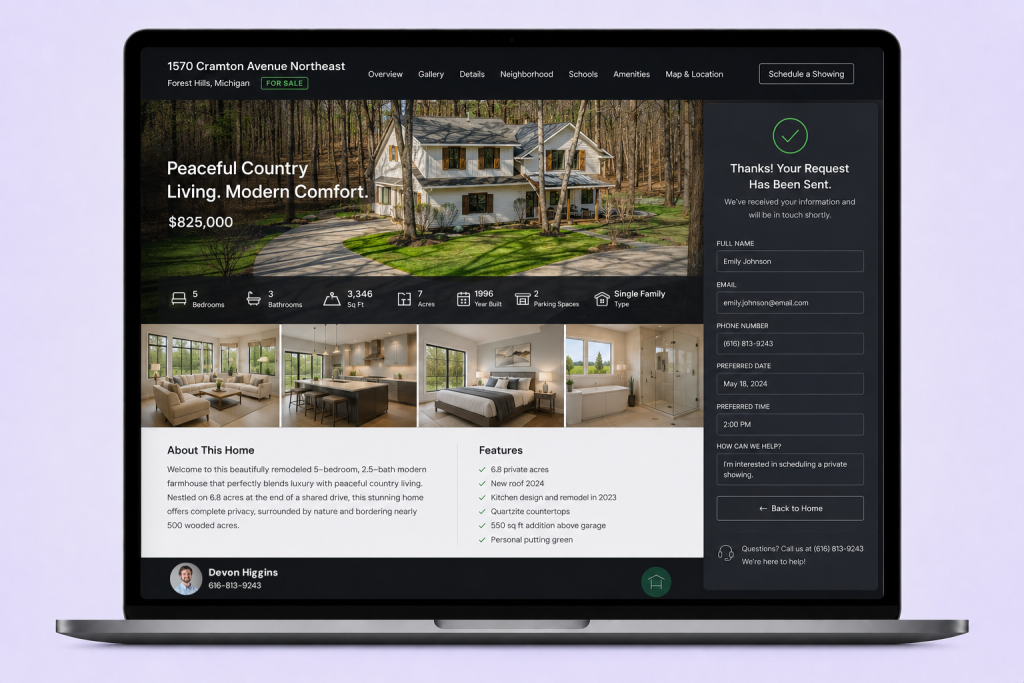 Property website showing a completed showing request and buyer inquiry form.