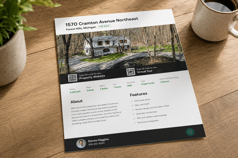 Real estate listing flyer with QR code on a wooden table for property marketing.