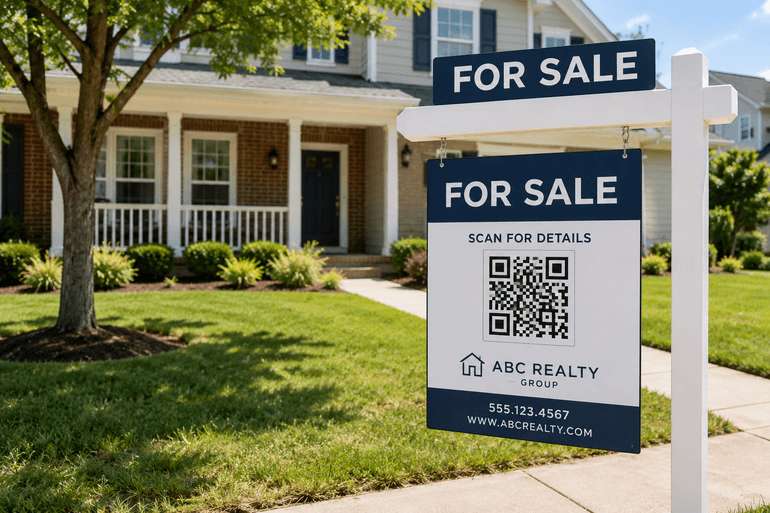 For sale yard sign with QR code in front of a residential home for real estate lead generation.