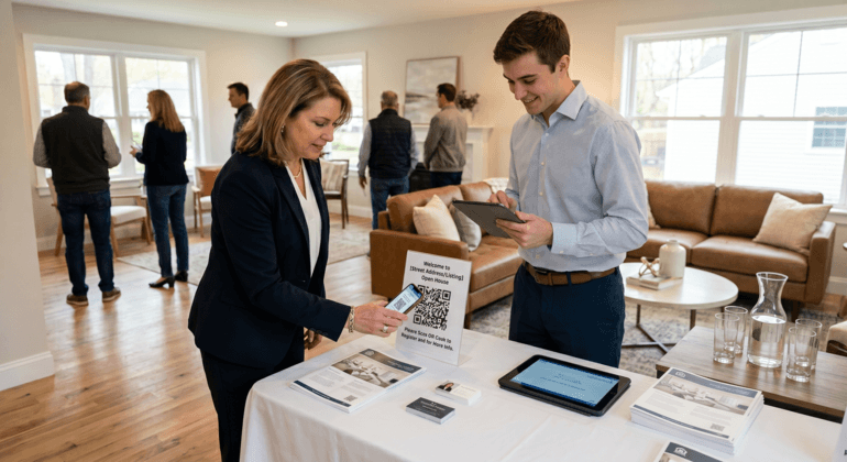 Open house visitors scanning a QR code sign for property details and buyer lead capture.