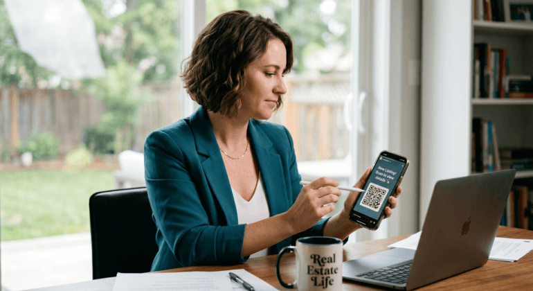 Real estate agent using a smartphone QR code for property marketing on social media and email.
