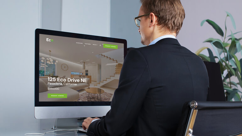 Real estate agent viewing a single property website on a desktop computer.