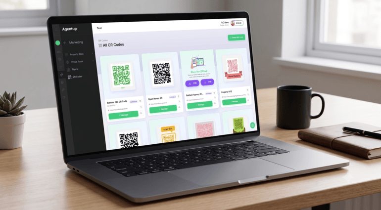Laptop displaying a QR code management dashboard for real estate listing marketing.