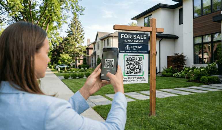 Homebuyer scanning a real estate QR code sign with a smartphone outside a property.