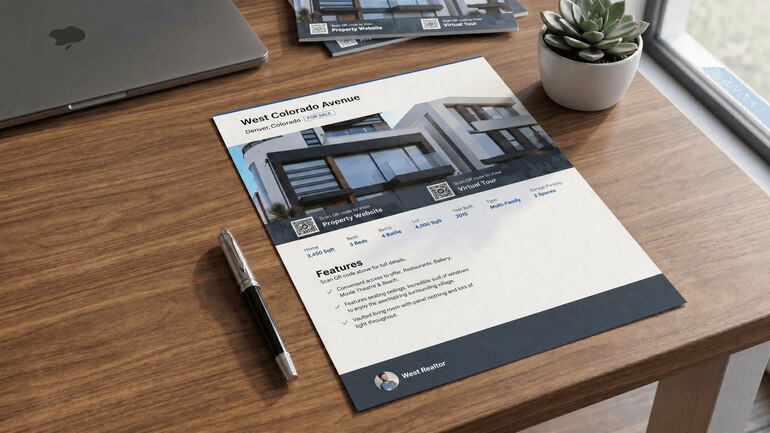 Real estate flyer with QR codes linking buyers to online property information.