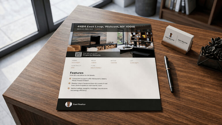 Printed real estate property flyer featuring a dynamic QR code on a desk.