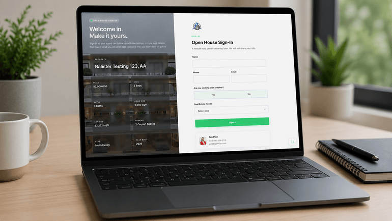 Real estate lead capture form shown on a laptop screen.