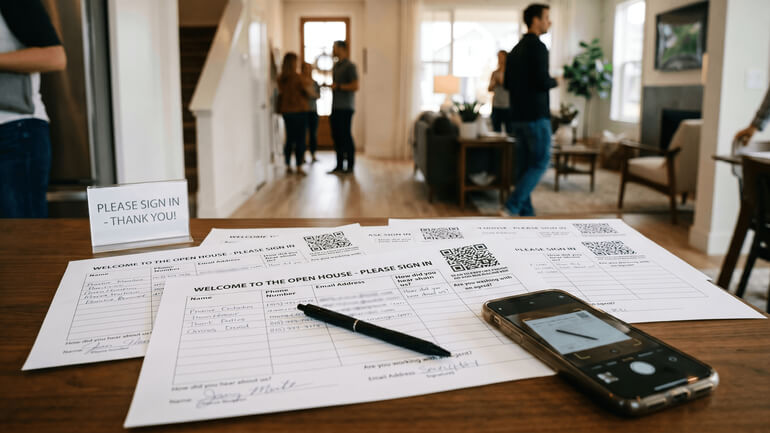 Paper sign-in forms with QR codes on a table at a property showing.