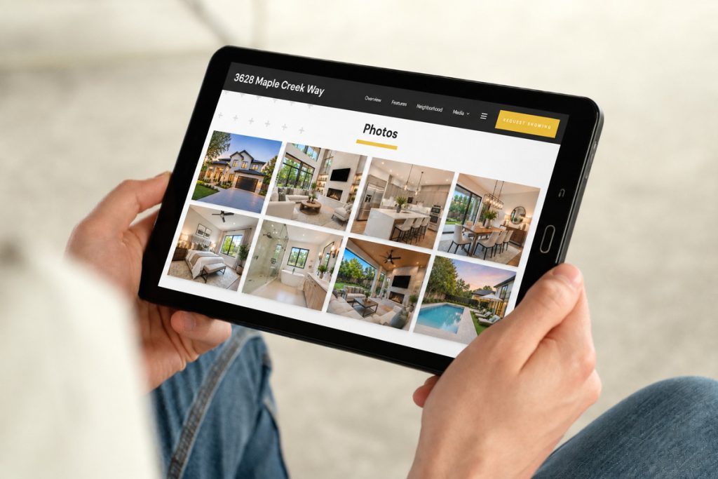 Real estate listing photo gallery displayed on a handheld tablet