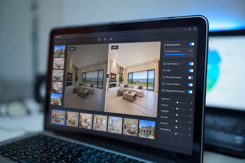 AI before-and-after enhancement showing real estate photo editing pricing options